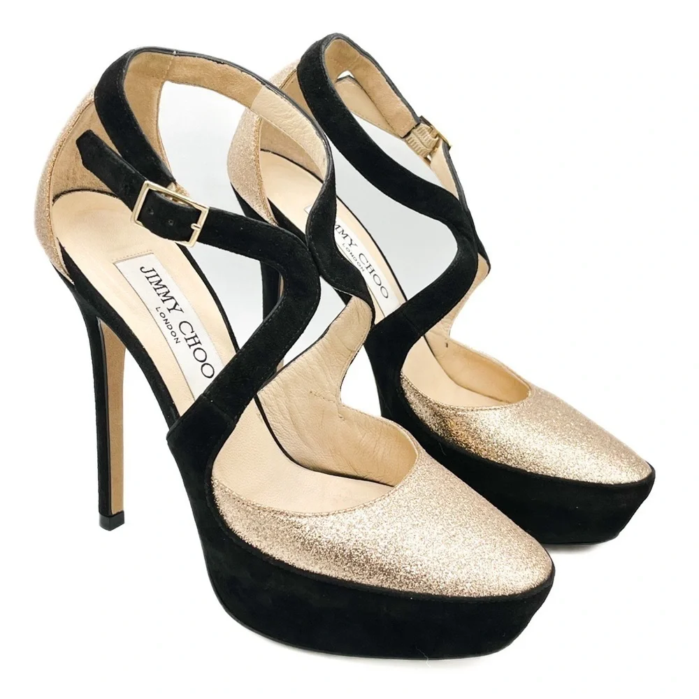 Jimmy Choo Tulip Glitter-Suede Criss Cross Platform Stiletto Heel Pumps - Picture 3 of 9